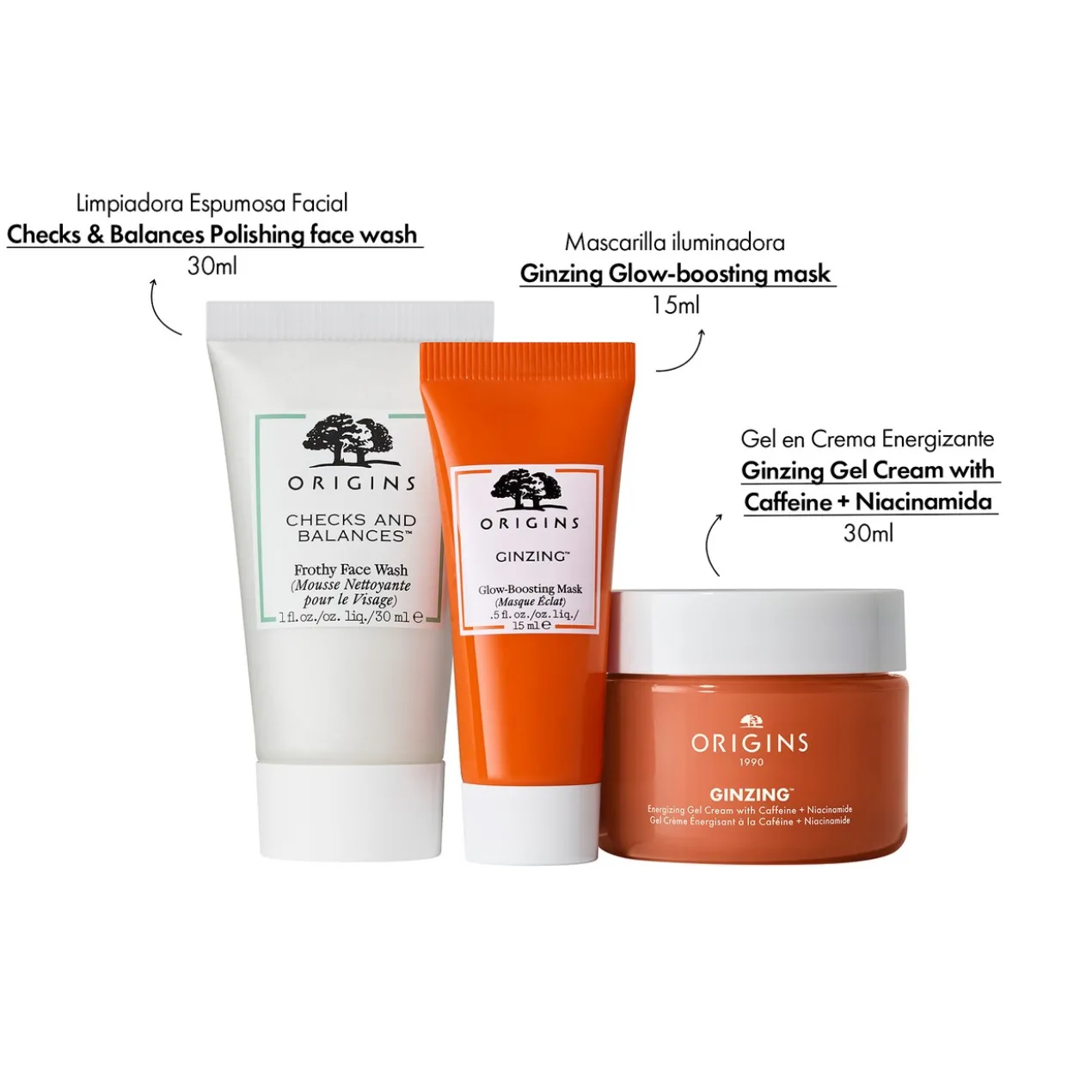 Conjunto de presente Trio Espuma Facial, Máscara e Hidratante Mini Ginzing