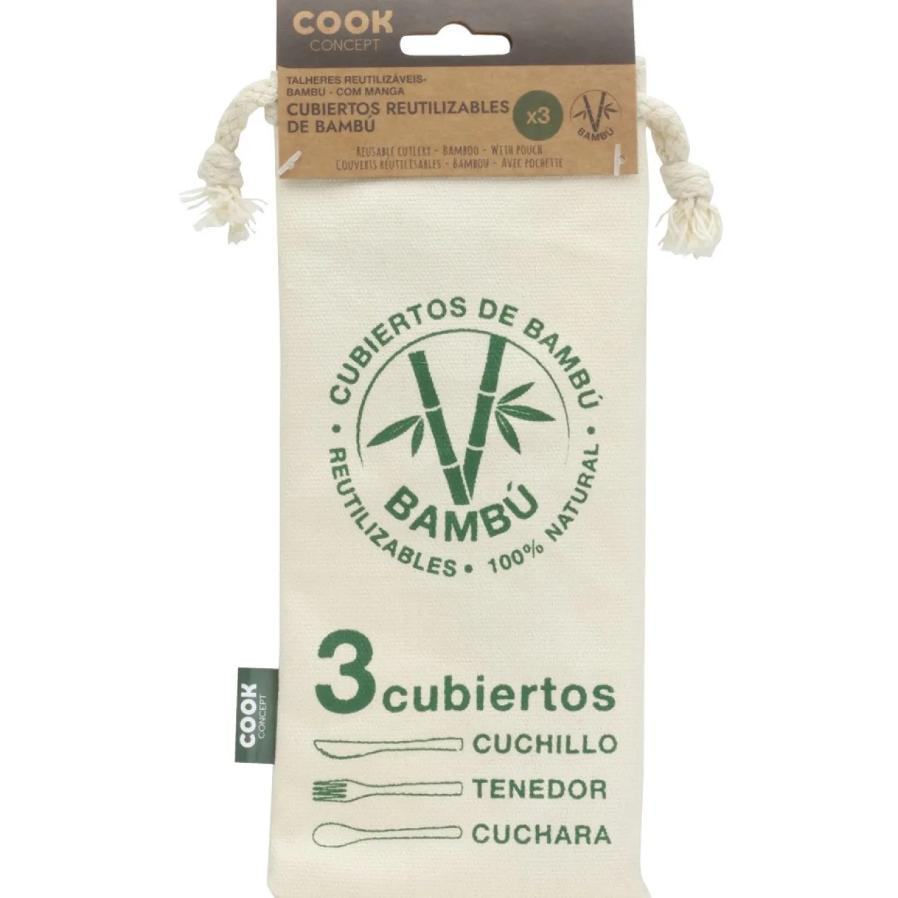 Conjunto de 3 Talheres de Bambu com Bolsa