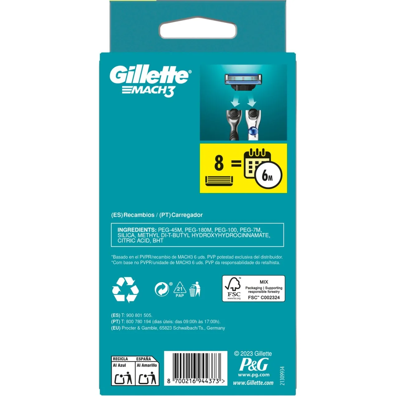 Gillette Mach3 Pack Poupança 7+1 Recargas para Máquinas de Barbear Masculinas
