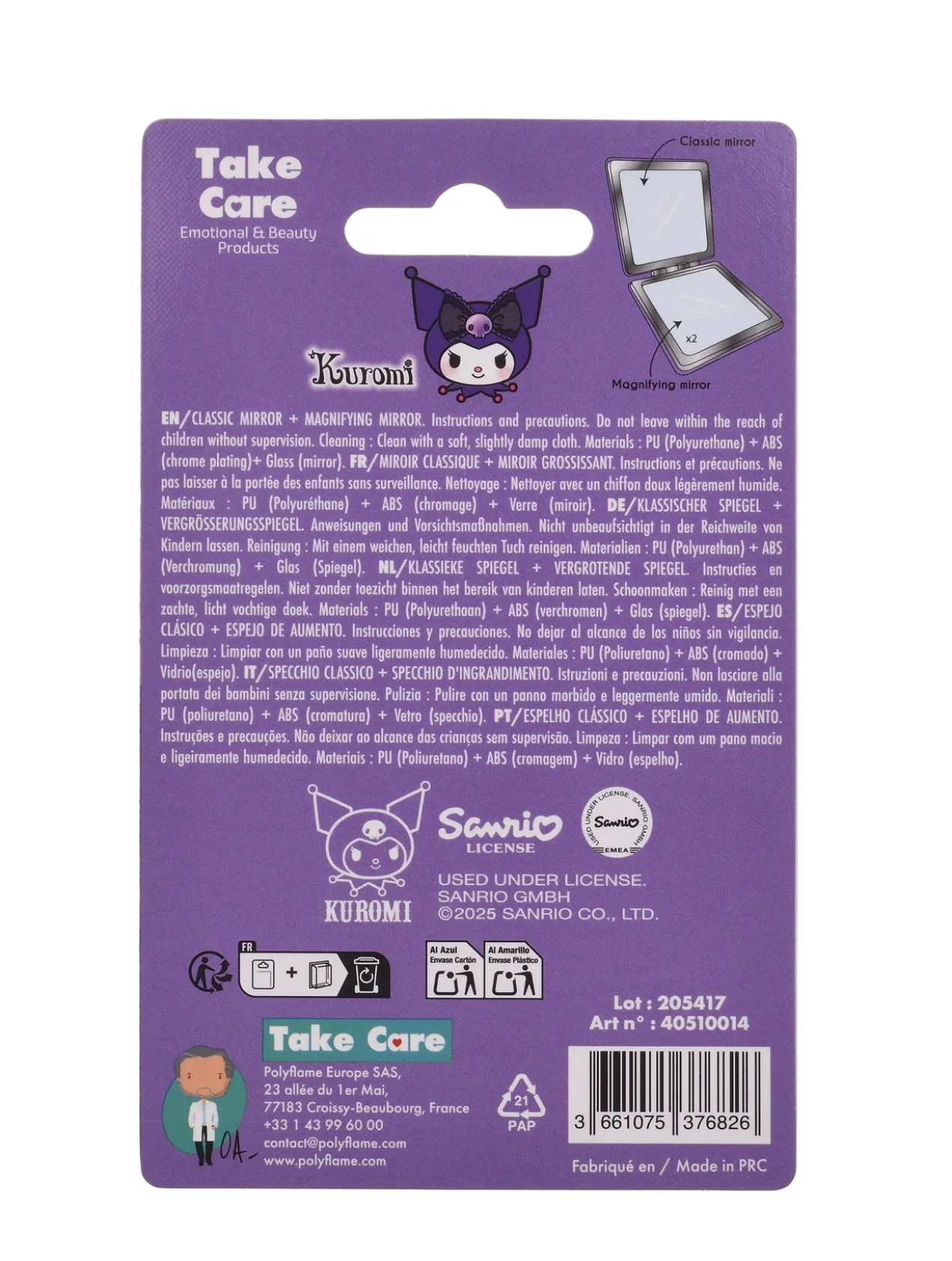 Hello Kitty Kuromi Espelho Clássico + Espelho de Aumento